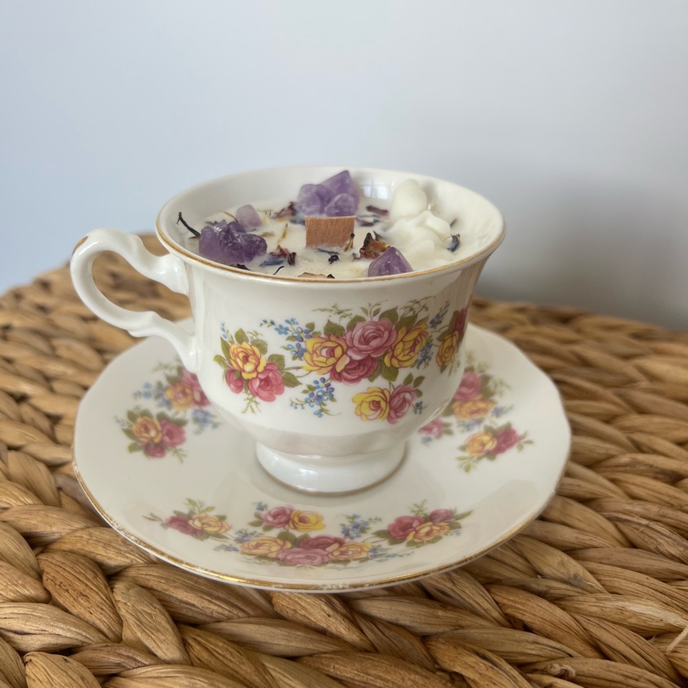 Vintage Floral Teacup Candle and Saucer with Striker Sticker, Organic Soy Wax